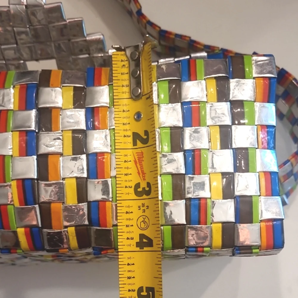 Colorful Woven Shoulder Bag Flap Closure Bright Shiny Handbag Artistic Patchwork